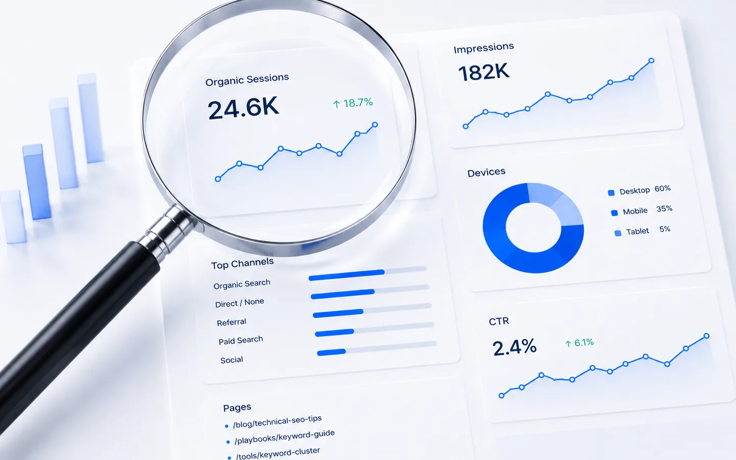 A magnifying glass over an SEO analytics dashboard showing organic sessions, top channels, device split and page URLs.