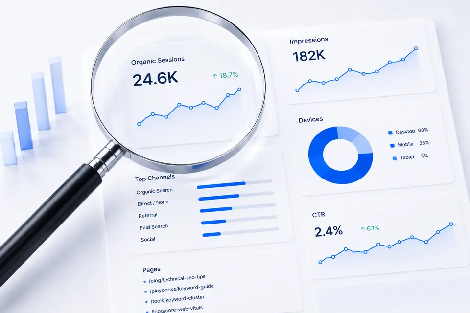 A magnifying glass over an SEO analytics dashboard showing organic sessions, top channels, device split and page URLs.