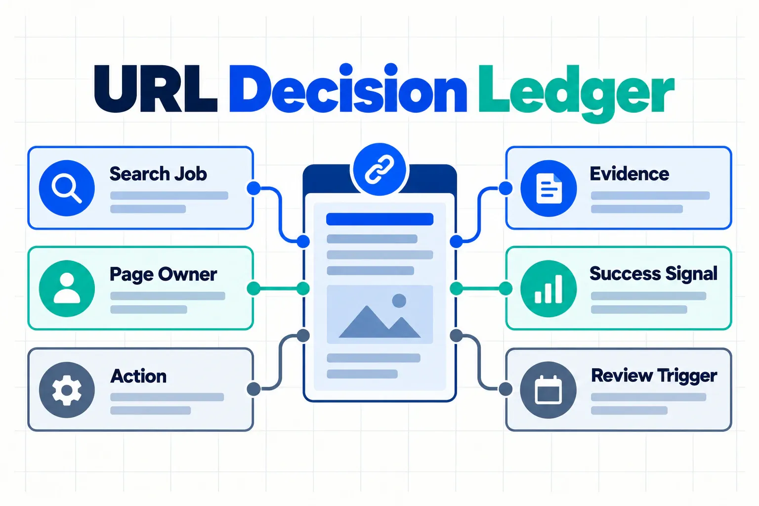 A URL decision ledger showing the seven decisions to record for every proposed or existing page.
