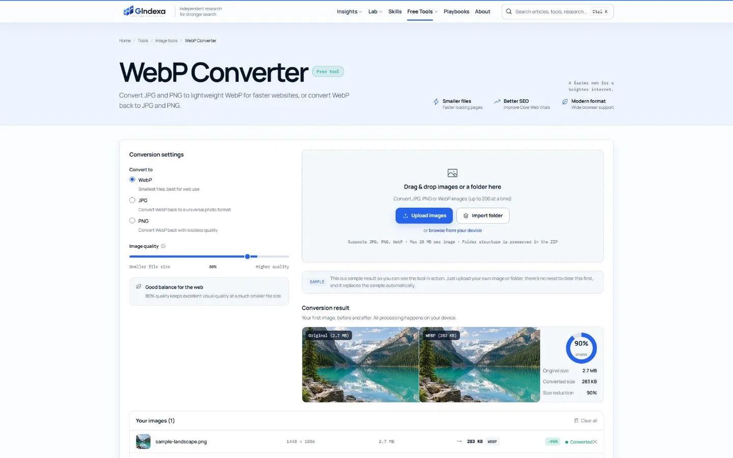 The GIndexa WebP Converter interface showing output format controls, batch upload options and an original-versus-WebP image comparison.