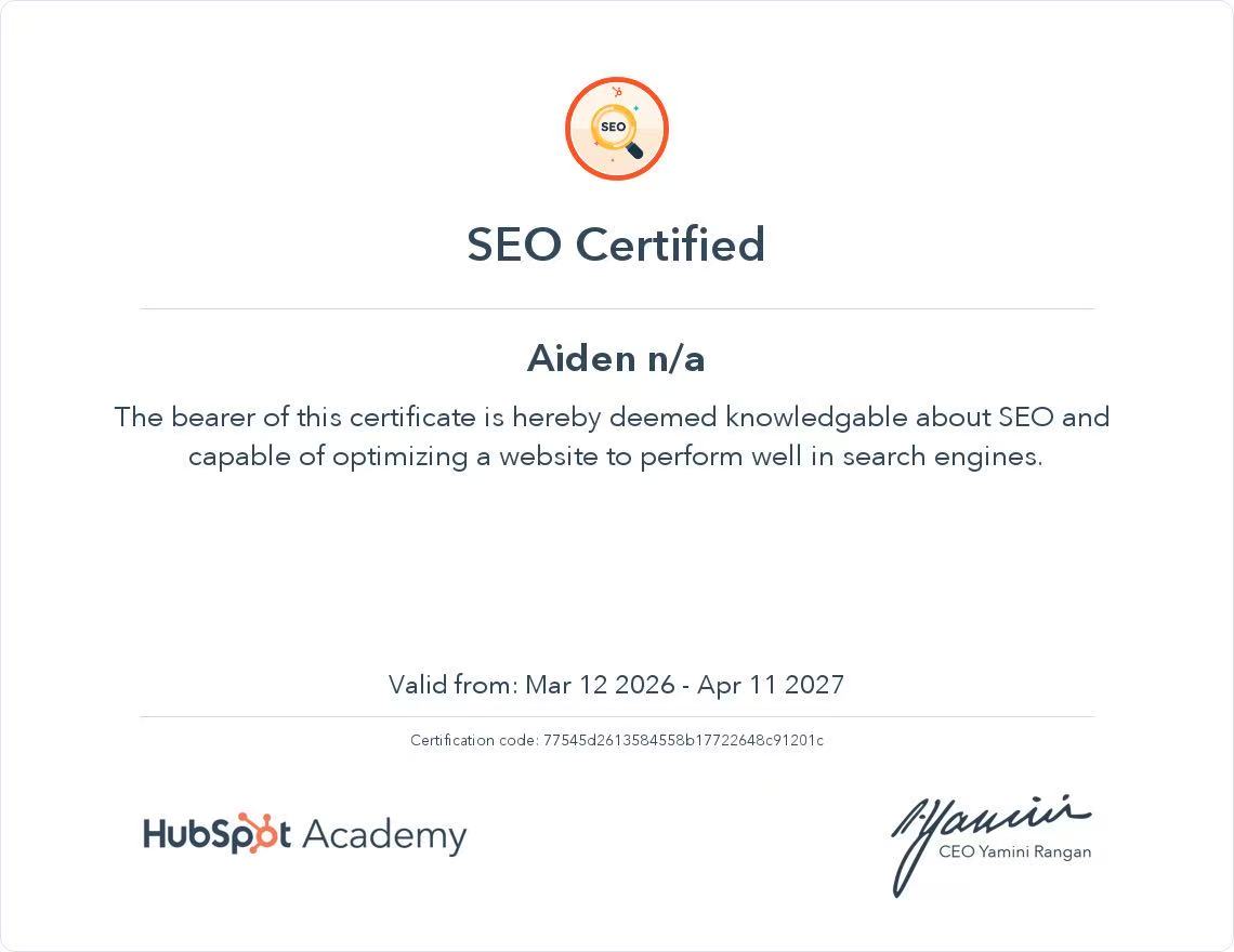 SEO Certified certificate issued to Aiden by HubSpot Academy
