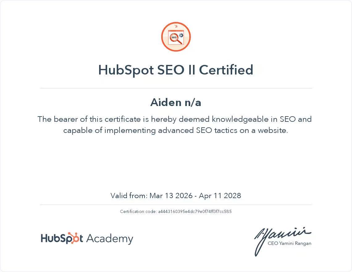 HubSpot SEO II Certified certificate issued to Aiden by HubSpot Academy