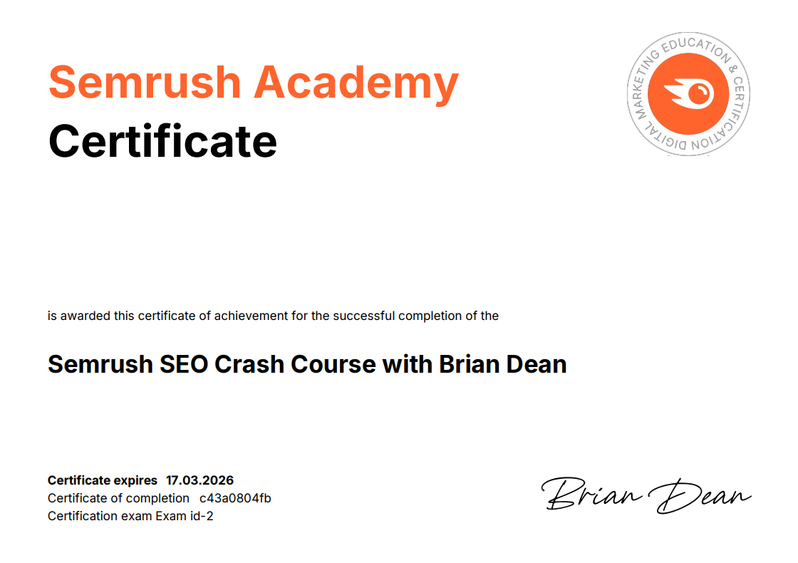 Semrush SEO Crash Course with Brian Dean certificate issued to Aiden by Semrush Academy